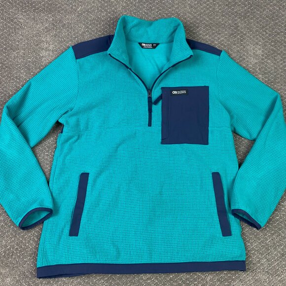 Outdoor Research Trail Mix 1/4 Zip Pullover Medium Teal Navy Waffle Grid Fleece - Picture 5 of 11